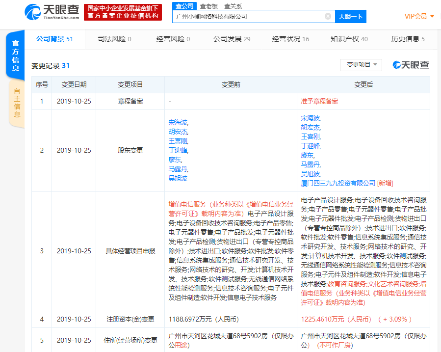 4399对外投资广州小橙网络科技